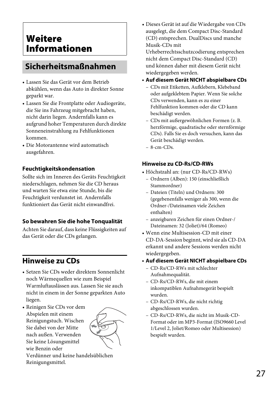 Weitere informationen, Sicherheitsmaßnahmen, Hinweise zu cds | Sony CDX-GT565UV User Manual | Page 53 / 156