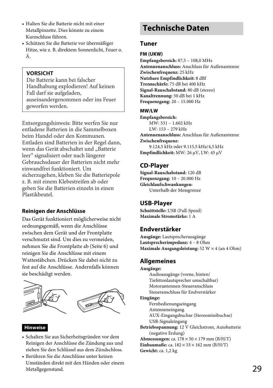 Technische daten, Tuner, Cd-player | Usb-player, Endverstärker, Allgemeines | Sony CDX-GT565UV User Manual | Page 55 / 156