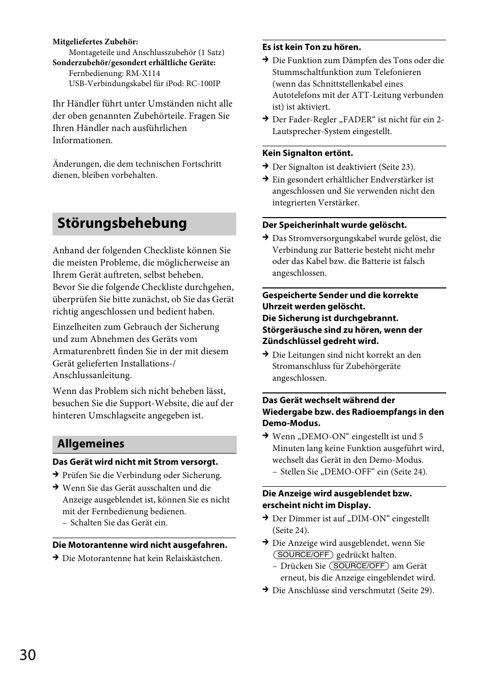 Störungsbehebung, Allgemeines | Sony CDX-GT565UV User Manual | Page 56 / 156