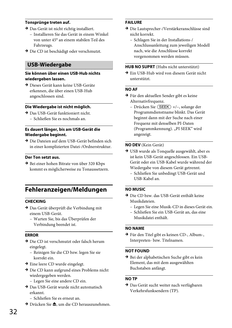 Fehleranzeigen/meldungen, Usb-wiedergabe | Sony CDX-GT565UV User Manual | Page 58 / 156
