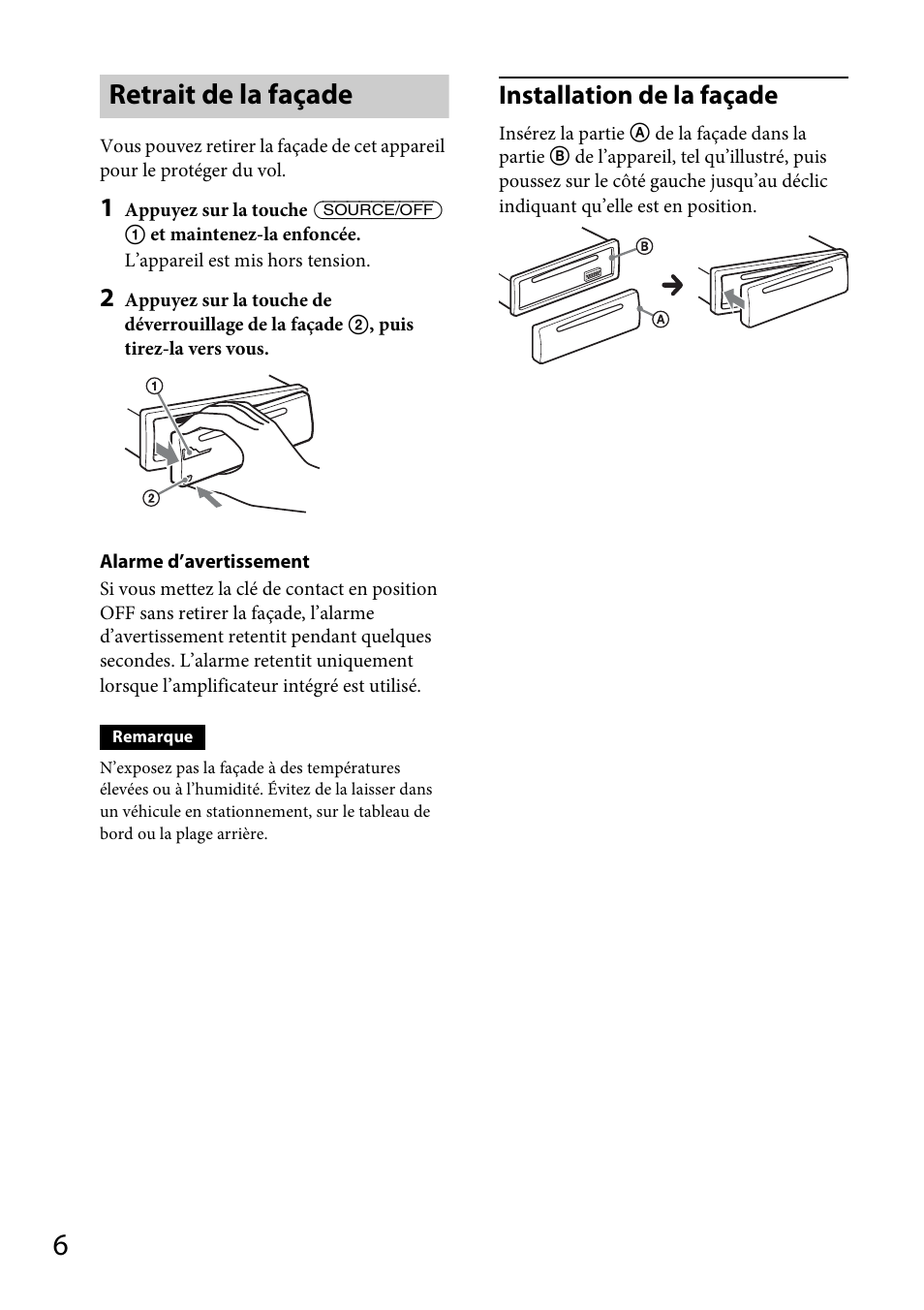 Retrait de la façade, Installation de la façade | Sony CDX-GT565UV User Manual | Page 64 / 156