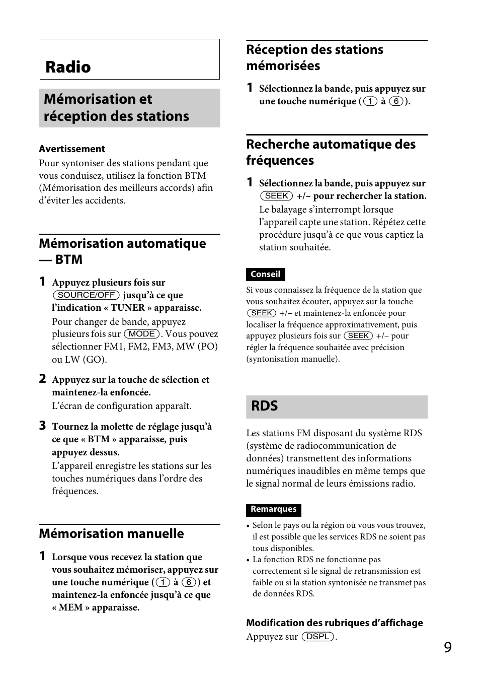 Radio, Mémorisation et réception des stations, Mémorisation et réception des stations rds | Mémorisation automatique — btm 1, Mémorisation manuelle 1, Réception des stations mémorisées 1, Recherche automatique des fréquences 1 | Sony CDX-GT565UV User Manual | Page 67 / 156