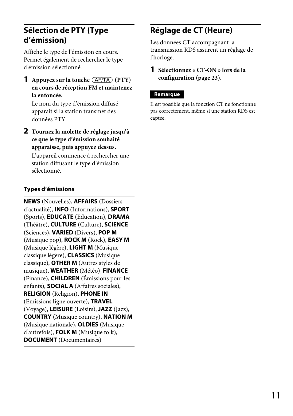 Sélection de pty (type d’émission), Réglage de ct (heure) | Sony CDX-GT565UV User Manual | Page 69 / 156