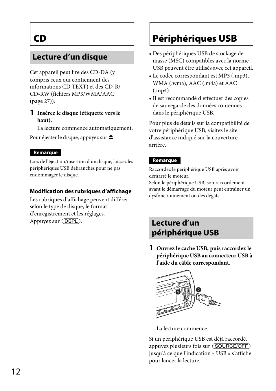 Lecture d’un disque, Périphériques usb, Lecture d’un périphérique usb | Sony CDX-GT565UV User Manual | Page 70 / 156