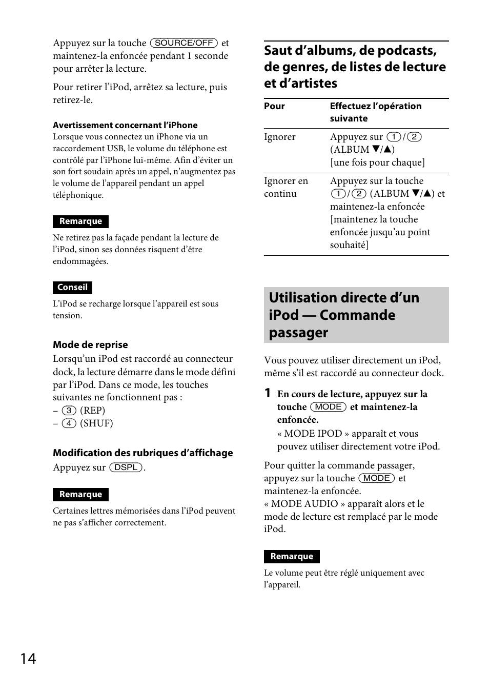 Utilisation directe d’un ipod — commande passager | Sony CDX-GT565UV User Manual | Page 72 / 156