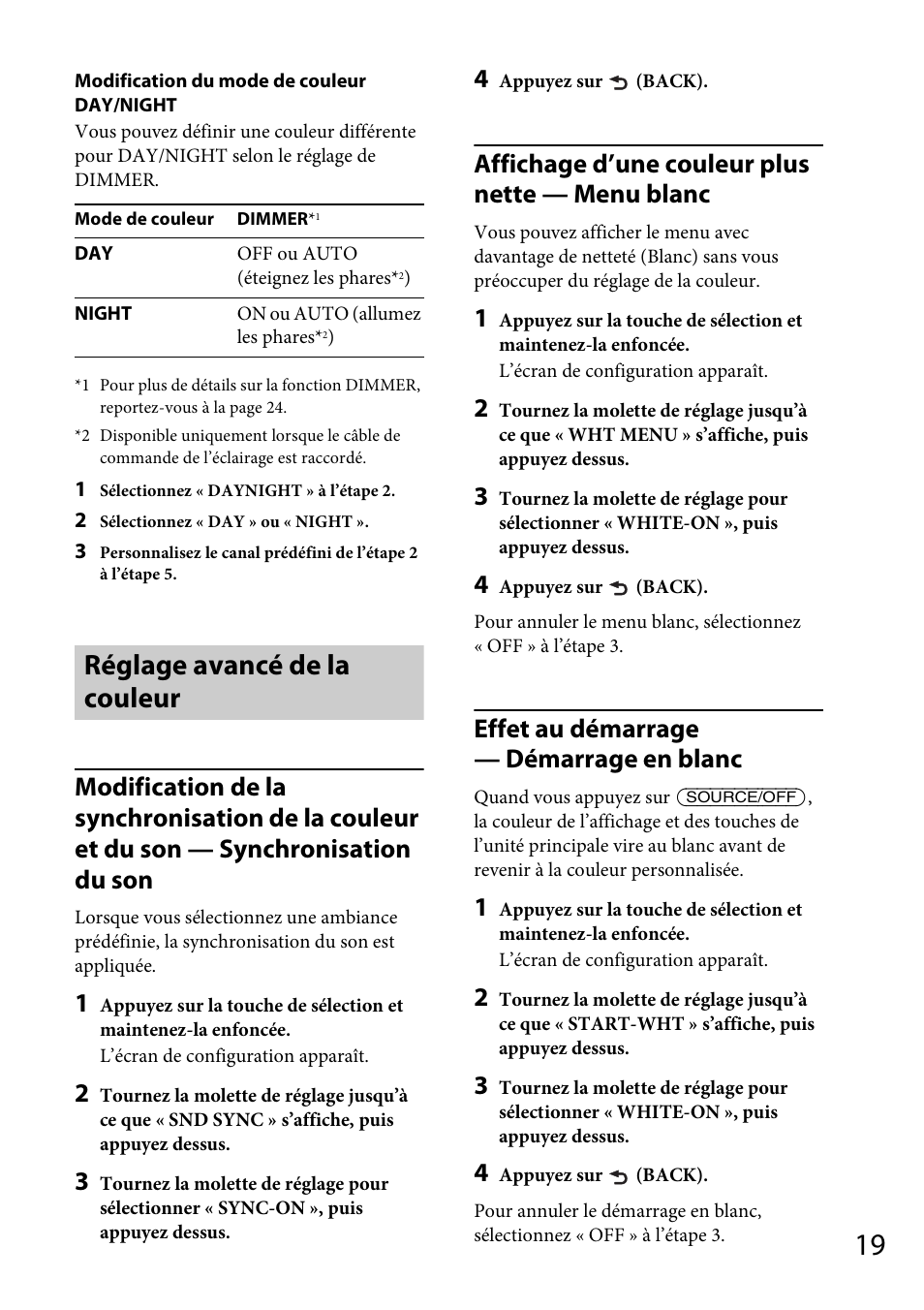 Réglage avancé de la couleur, Affichage d’une couleur plus nette — menu blanc, Effet au démarrage — démarrage en blanc | Sony CDX-GT565UV User Manual | Page 77 / 156