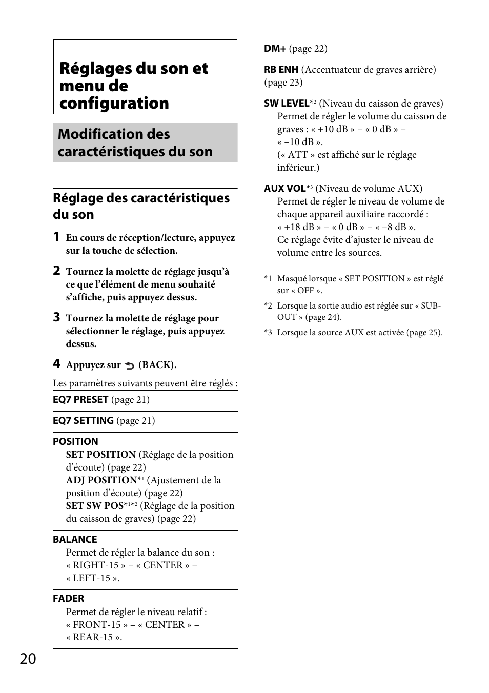 Réglages du son et menu de configuration, Modification des caractéristiques du son, Réglage des caractéristiques du son 1 | Sony CDX-GT565UV User Manual | Page 78 / 156