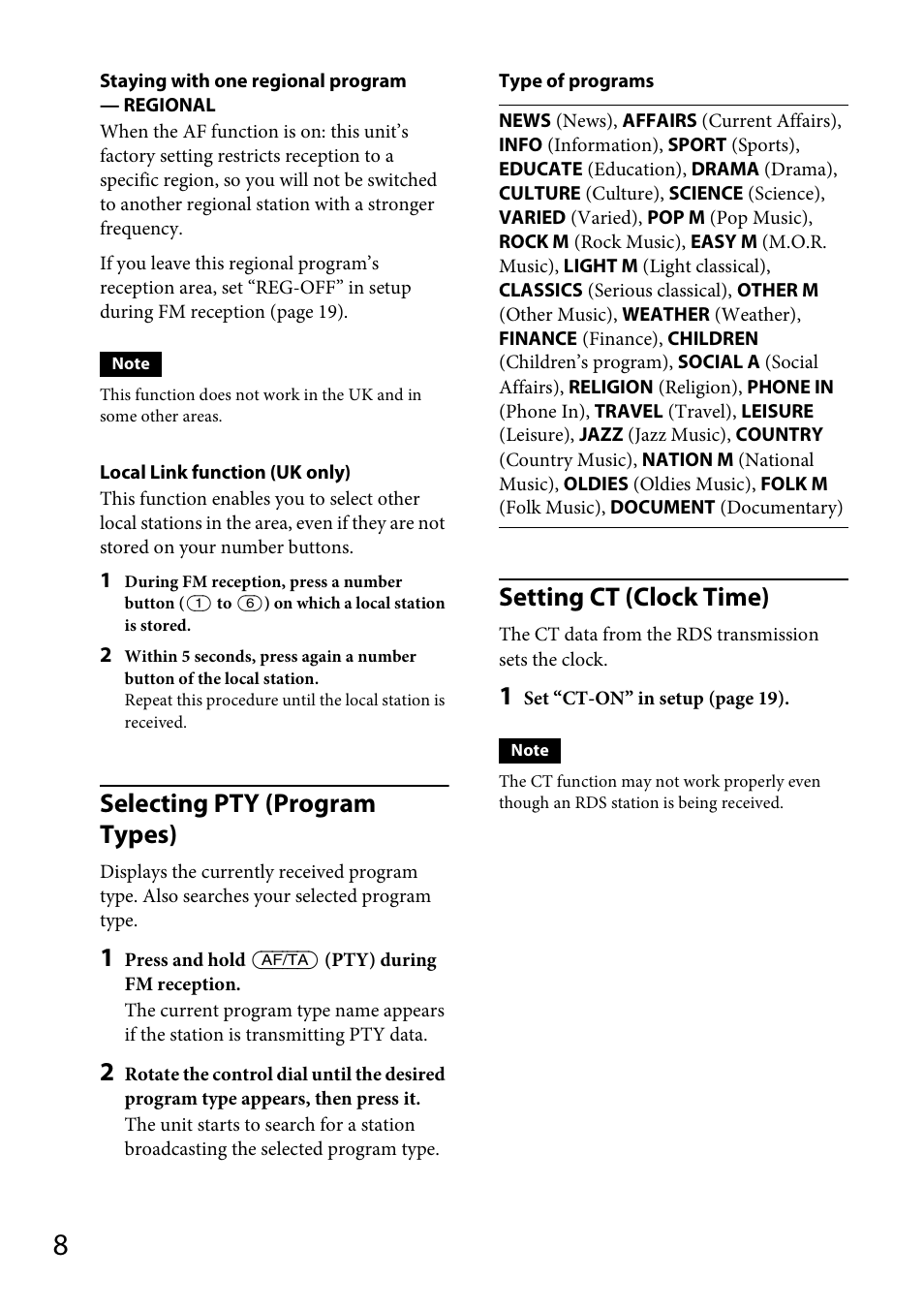 Selecting pty (program types), Setting ct (clock time) | Sony CDX-GT565UV User Manual | Page 8 / 156