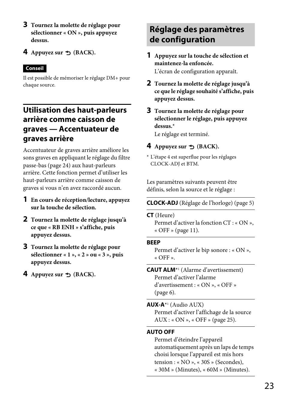 Réglage des paramètres de configuration | Sony CDX-GT565UV User Manual | Page 81 / 156