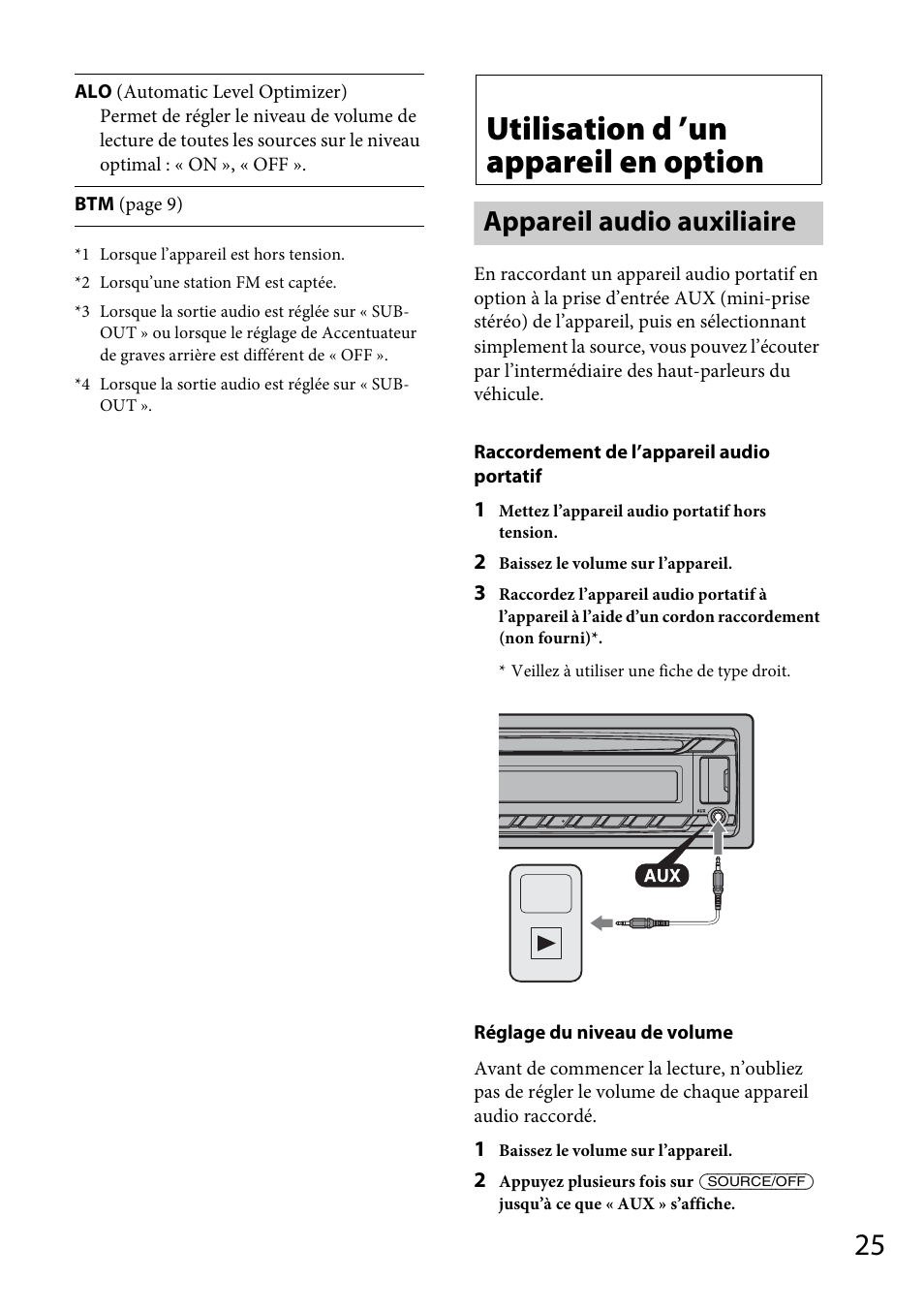 Utilisation d ’un appareil en option, Appareil audio auxiliaire | Sony CDX-GT565UV User Manual | Page 83 / 156