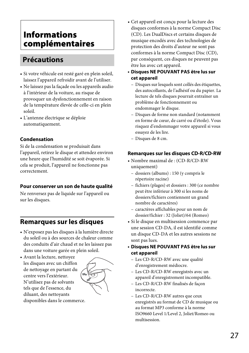 Informations complémentaires, Précautions, Remarques sur les disques | Sony CDX-GT565UV User Manual | Page 85 / 156