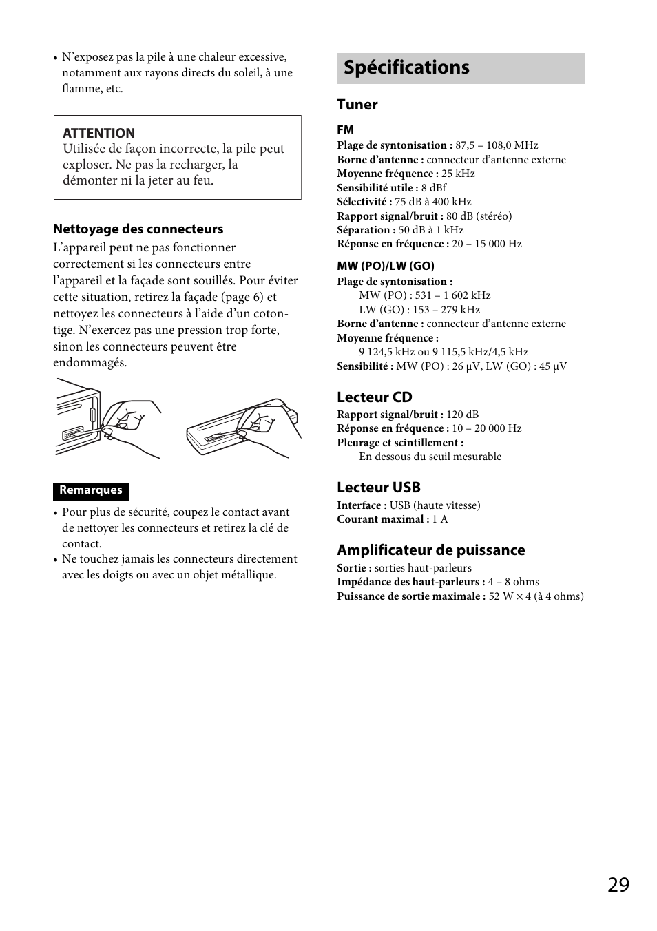 Spécifications, Tuner, Lecteur cd | Lecteur usb, Amplificateur de puissance | Sony CDX-GT565UV User Manual | Page 87 / 156