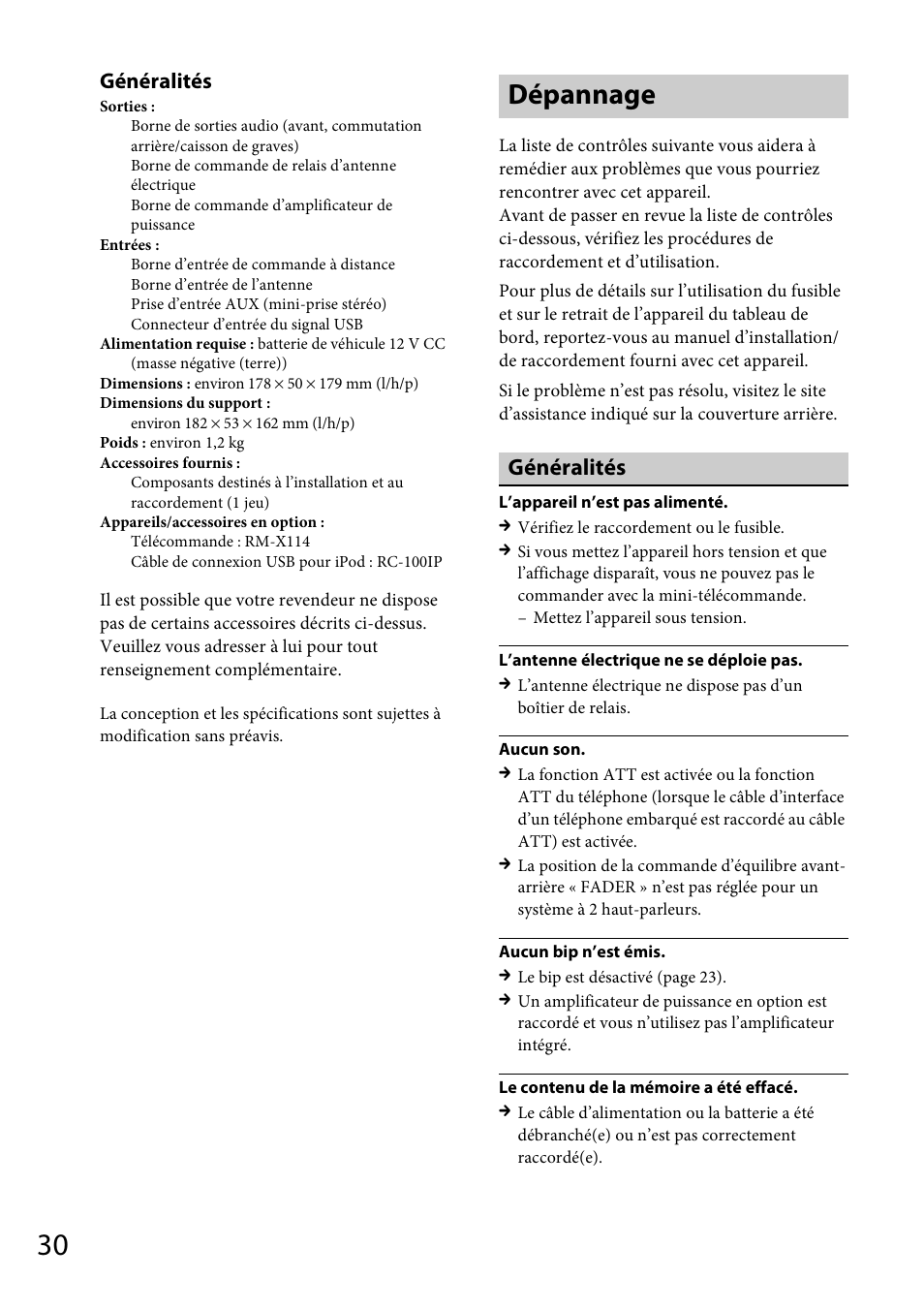 Dépannage, Généralités | Sony CDX-GT565UV User Manual | Page 88 / 156