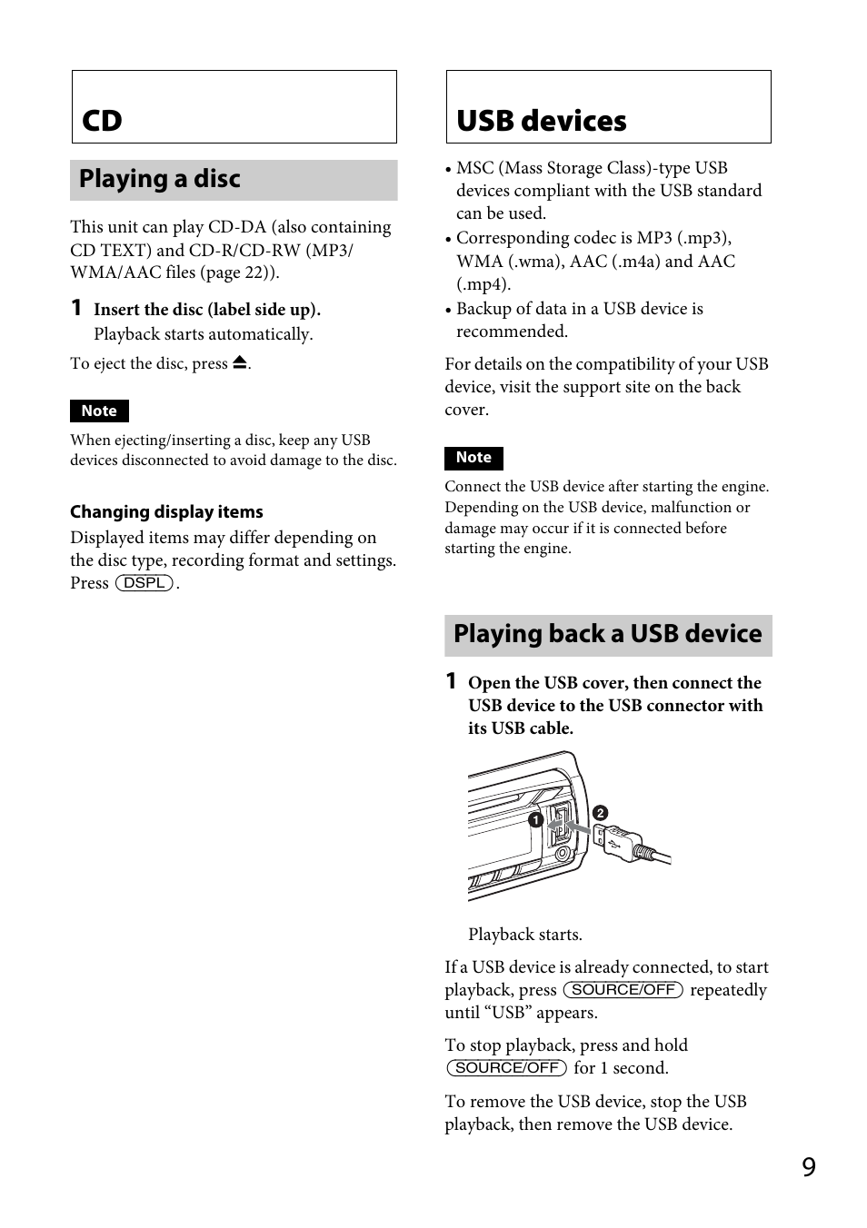 Playing a disc, Usb devices, Playing back a usb device | Sony CDX-GT565UV User Manual | Page 9 / 156