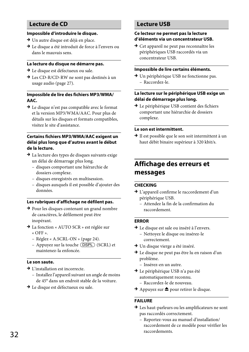 Affichage des erreurs et messages, Lecture de cd, Lecture usb | Sony CDX-GT565UV User Manual | Page 90 / 156