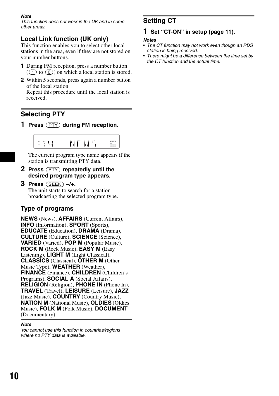 Selecting pty, Setting ct, Selecting pty setting ct | Sony CDX-GT310 User Manual | Page 10 / 96