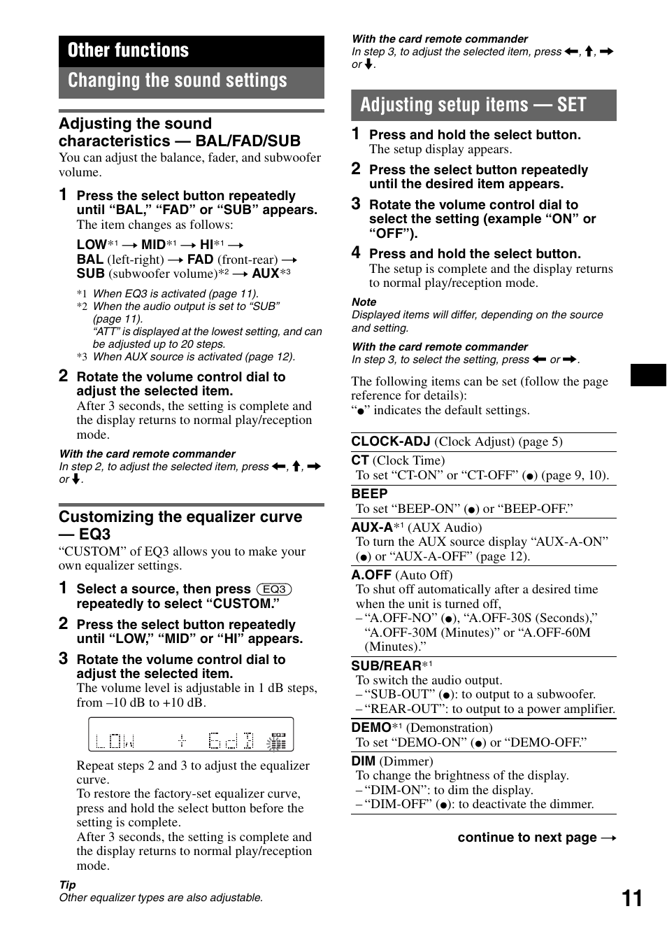 Other functions, Changing the sound settings, Adjusting the sound characteristics - bal/fad/sub | Customizing the equalizer curve - eq3, Adjusting setup items - set, Adjusting the sound characteristics, Bal/fad/sub customizing the equalizer curve, Adjusting setup items — set, On 11, Other functions changing the sound settings | Sony CDX-GT310 User Manual | Page 11 / 96