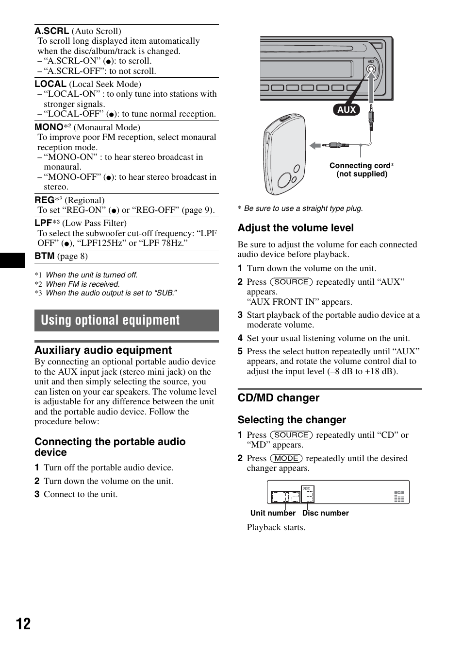 Using optional equipment, Auxiliary audio equipment, Cd/md changer | Auxiliary audio equipment cd/md changer | Sony CDX-GT310 User Manual | Page 12 / 96