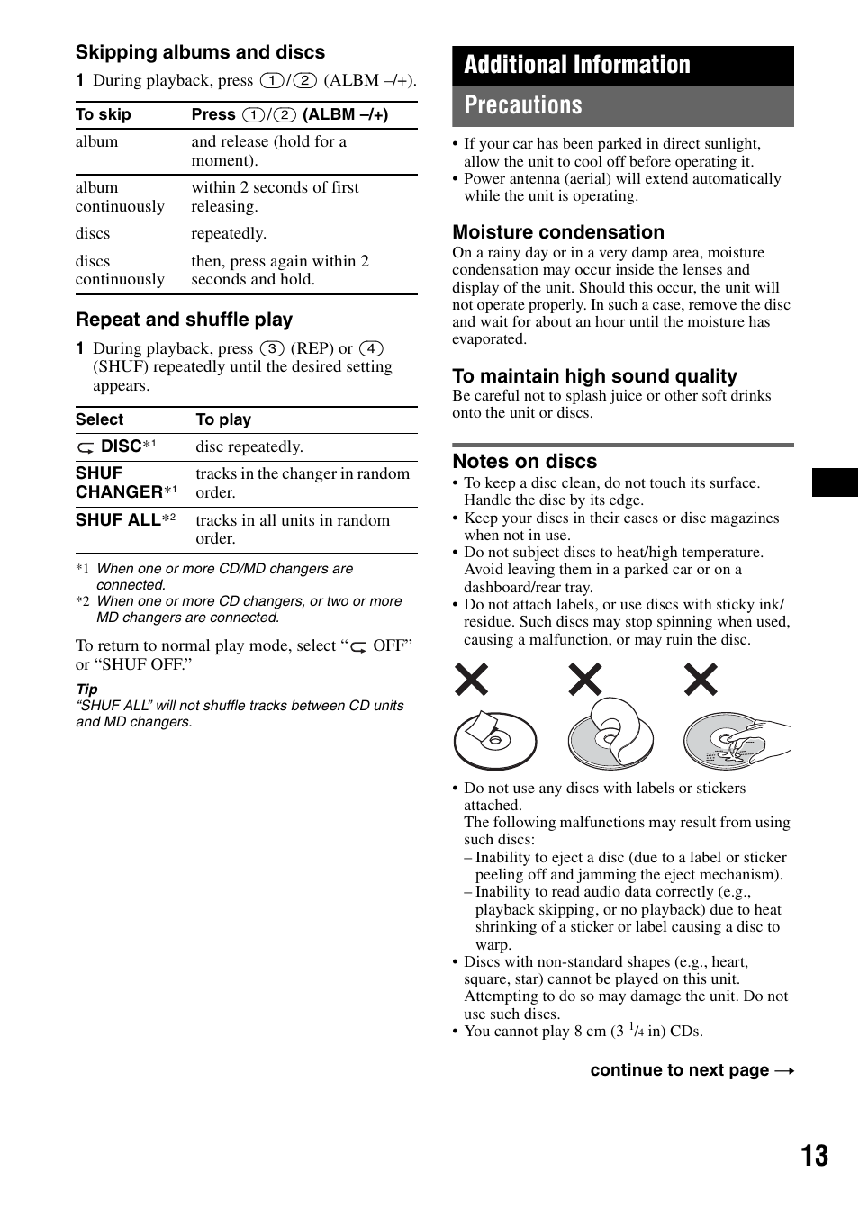 Additional information, Precautions, Notes on discs | Additional information precautions | Sony CDX-GT310 User Manual | Page 13 / 96