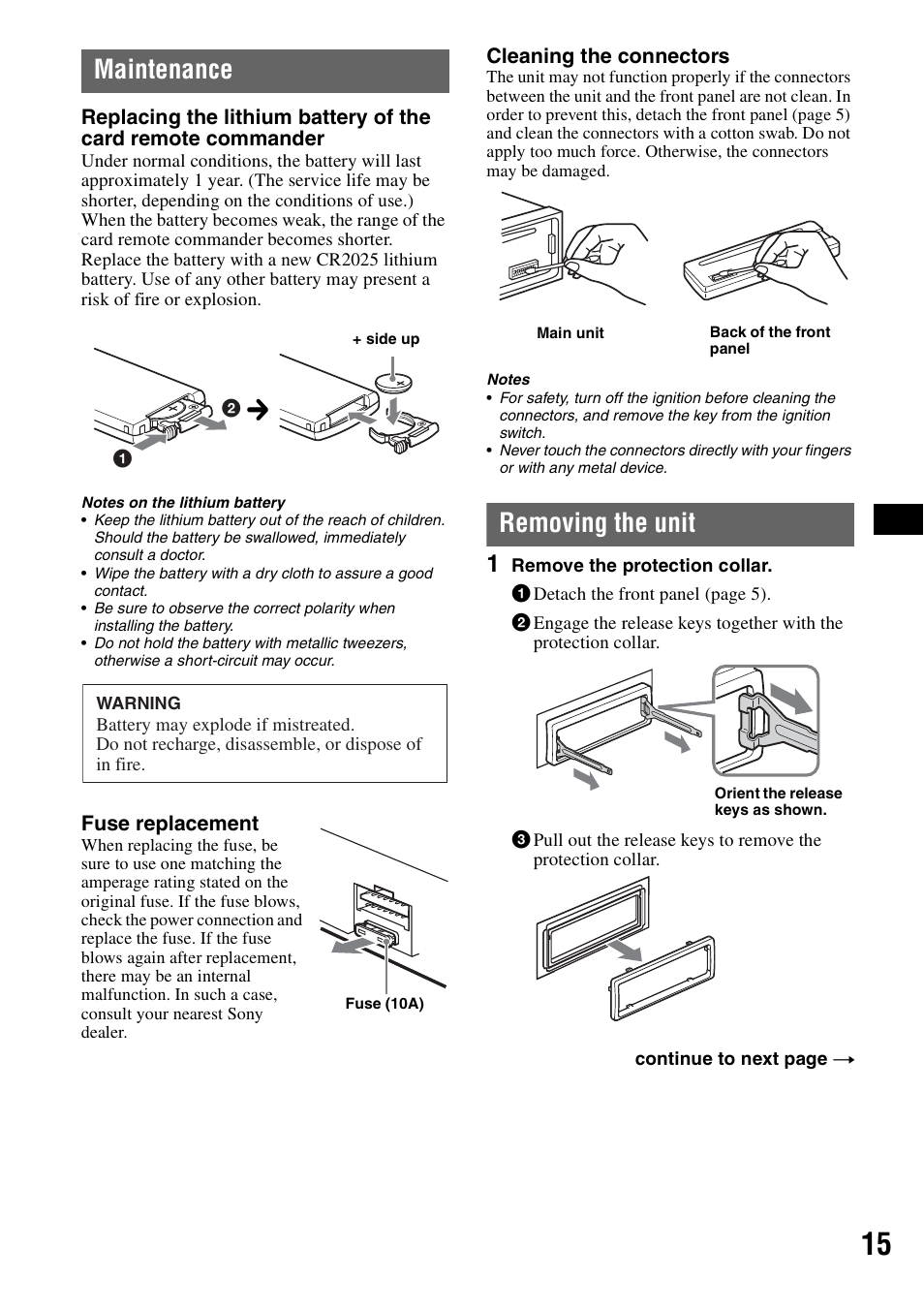 Maintenance, Removing the unit, Maintenance removing the unit | Sony CDX-GT310 User Manual | Page 15 / 96