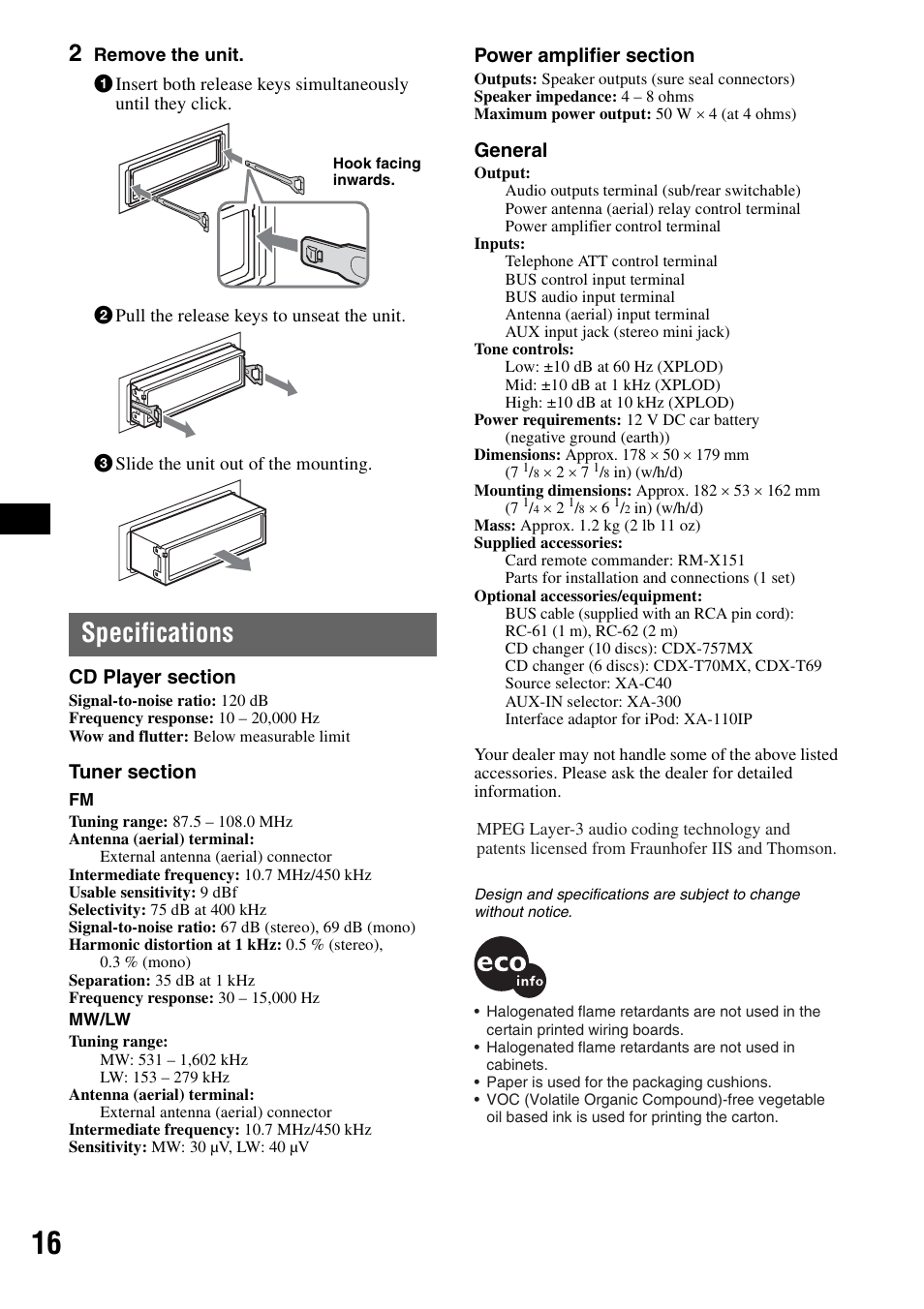 Specifications, General | Sony CDX-GT310 User Manual | Page 16 / 96