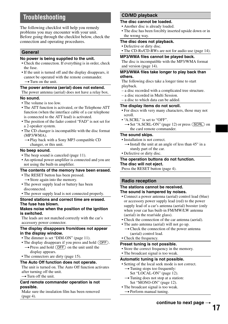 Troubleshooting | Sony CDX-GT310 User Manual | Page 17 / 96