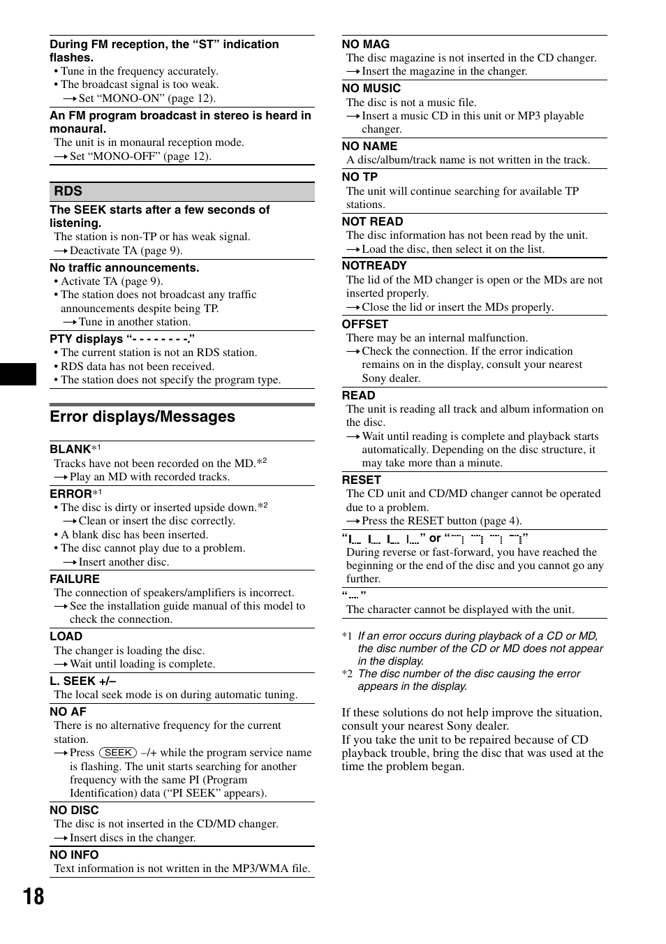 Error displays/messages | Sony CDX-GT310 User Manual | Page 18 / 96