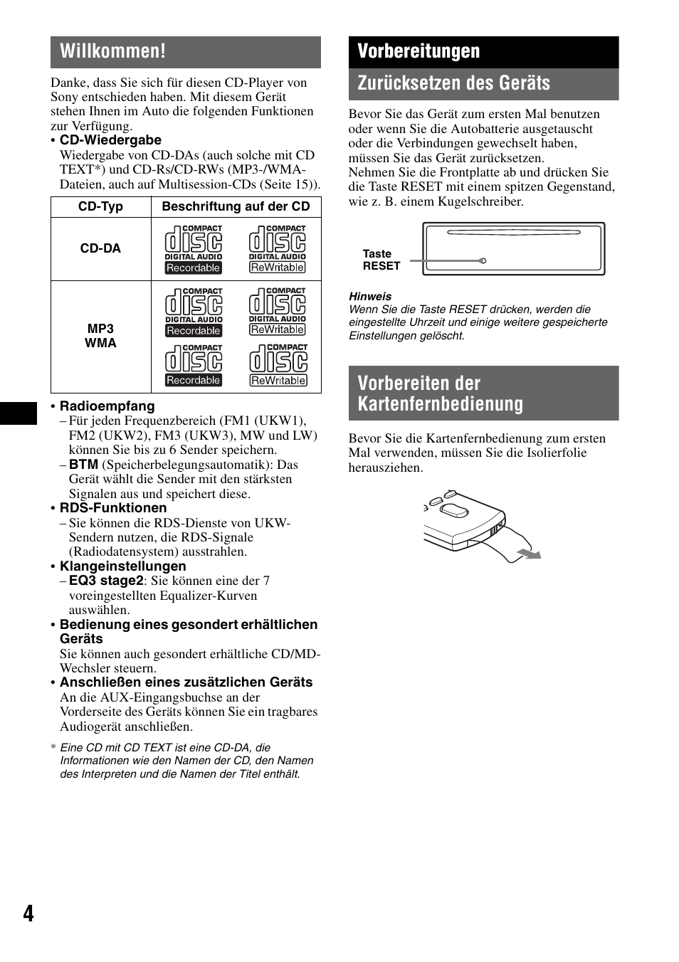 Willkommen, Vorbereitungen, Zurücksetzen des geräts | Vorbereiten der kartenfernbedienung, Vorbereitungen zurücksetzen des geräts | Sony CDX-GT310 User Manual | Page 22 / 96