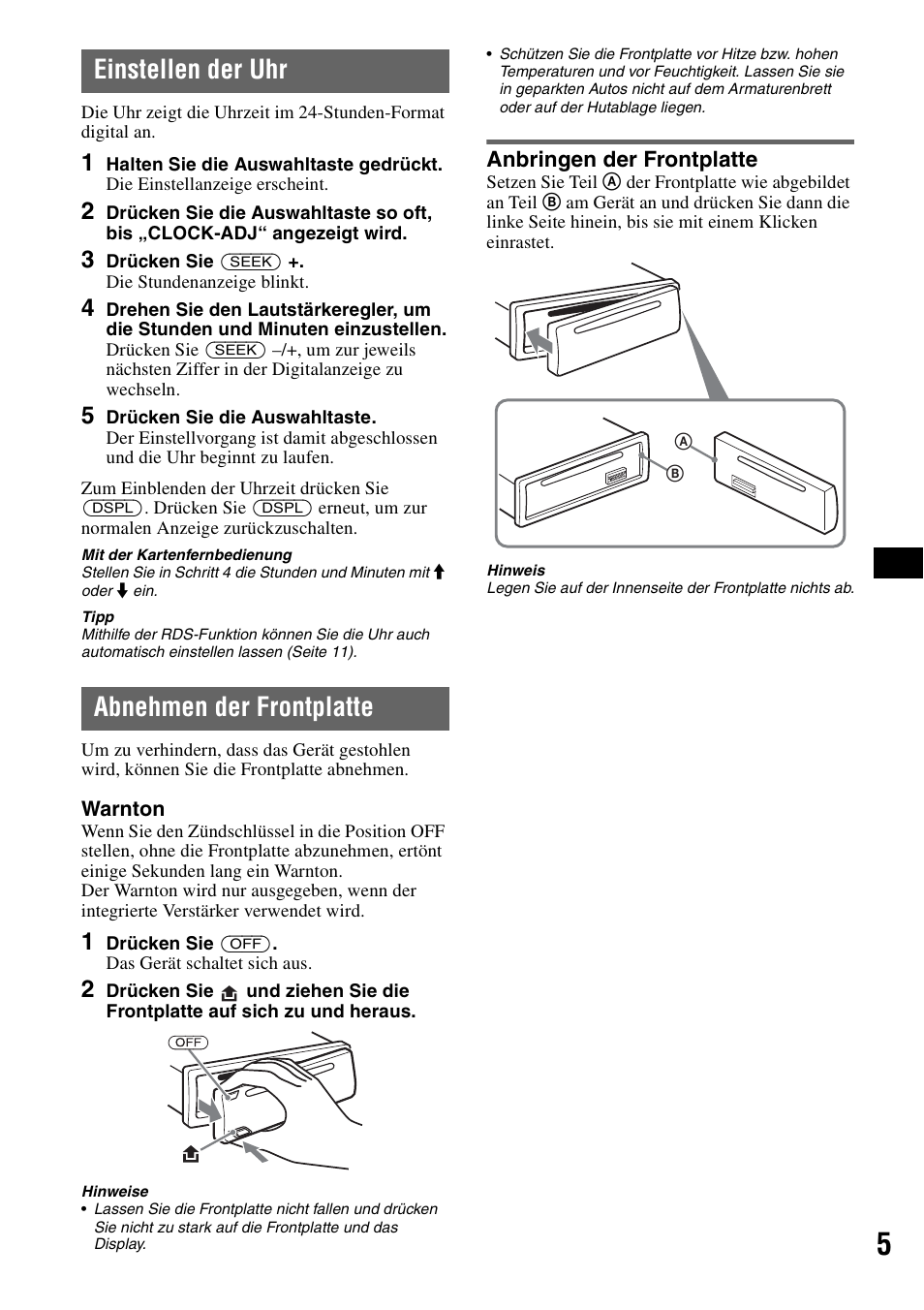 Einstellen der uhr, Abnehmen der frontplatte, Anbringen der frontplatte | Einstellen der uhr abnehmen der frontplatte | Sony CDX-GT310 User Manual | Page 23 / 96