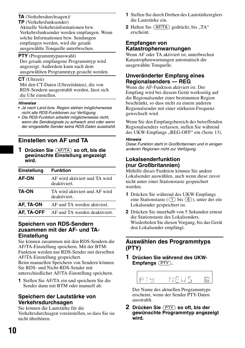 Einstellen von af und ta, Auswählen des programmtyps (pty) | Sony CDX-GT310 User Manual | Page 28 / 96