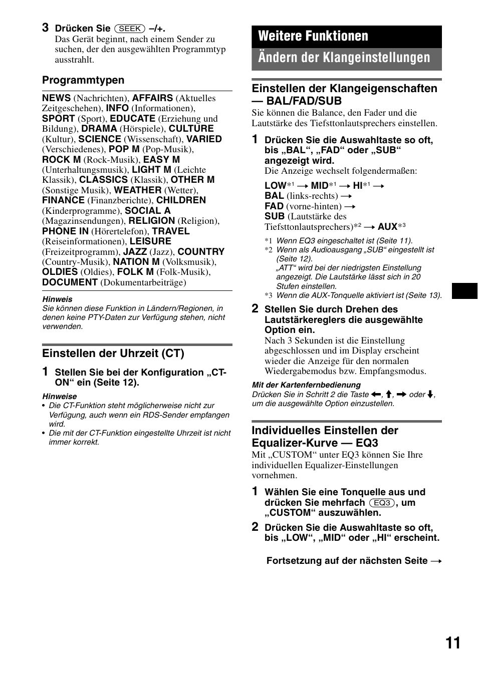 Einstellen der uhrzeit (ct), Weitere funktionen, Ändern der klangeinstellungen | Einstellen der klangeigenschaften - bal/fad/sub, Individuelles einstellen der equalizer-kurve - eq3, Einstellen der klangeigenschaften, Weitere funktionen ändern der klangeinstellungen, Einstellen der klangeigenschaften — bal/fad/sub, Individuelles einstellen der equalizer-kurve — eq3 | Sony CDX-GT310 User Manual | Page 29 / 96