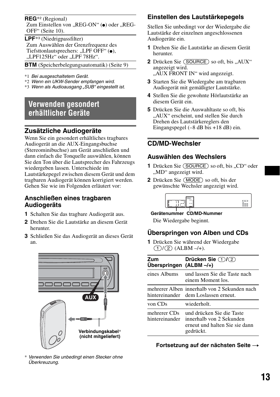Verwenden gesondert erhältlicher geräte, Zusätzliche audiogeräte, Cd/md-wechsler | Zusätzliche audiogeräte cd/md-wechsler, Seite 13), Seite 13 | Sony CDX-GT310 User Manual | Page 31 / 96
