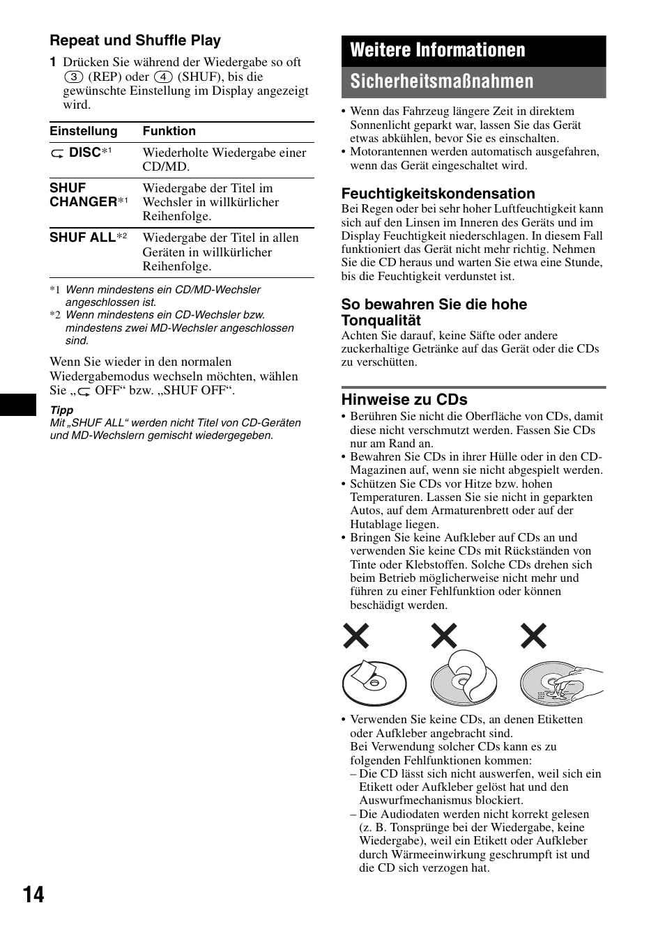 Weitere informationen, Sicherheitsmaßnahmen, Hinweise zu cds | Weitere informationen sicherheitsmaßnahmen | Sony CDX-GT310 User Manual | Page 32 / 96