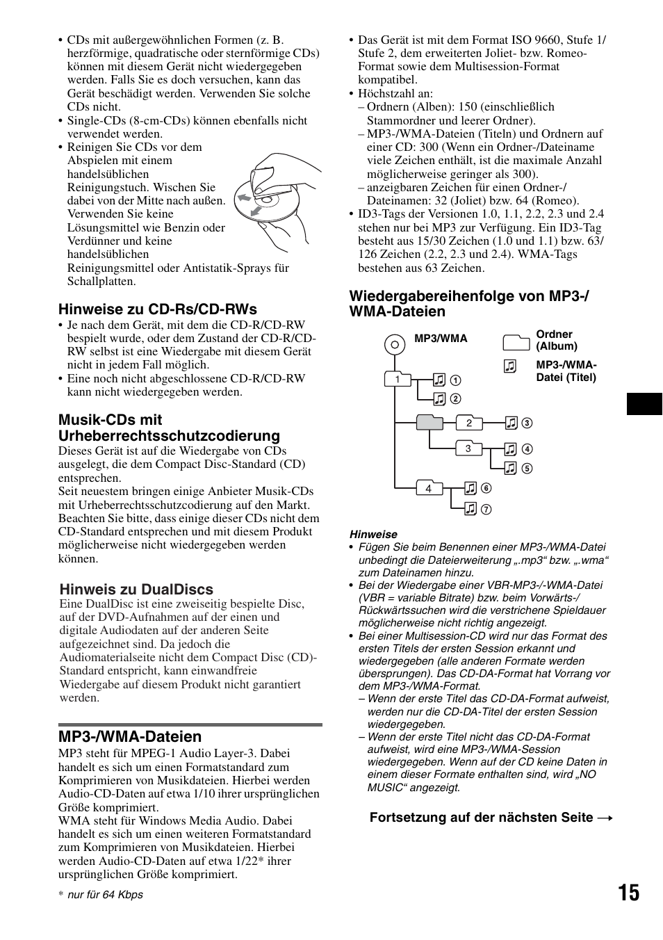 Mp3-/wma-dateien, Hinweise zu cd-rs/cd-rws, Musik-cds mit urheberrechtsschutzcodierung | Wiedergabereihenfolge von mp3-/ wma-dateien, Hinweis zu dualdiscs | Sony CDX-GT310 User Manual | Page 33 / 96