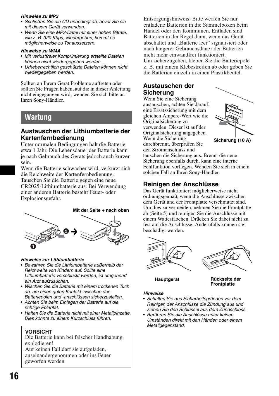 Wartung, Austauschen der sicherung, Reinigen der anschlüsse | Sony CDX-GT310 User Manual | Page 34 / 96