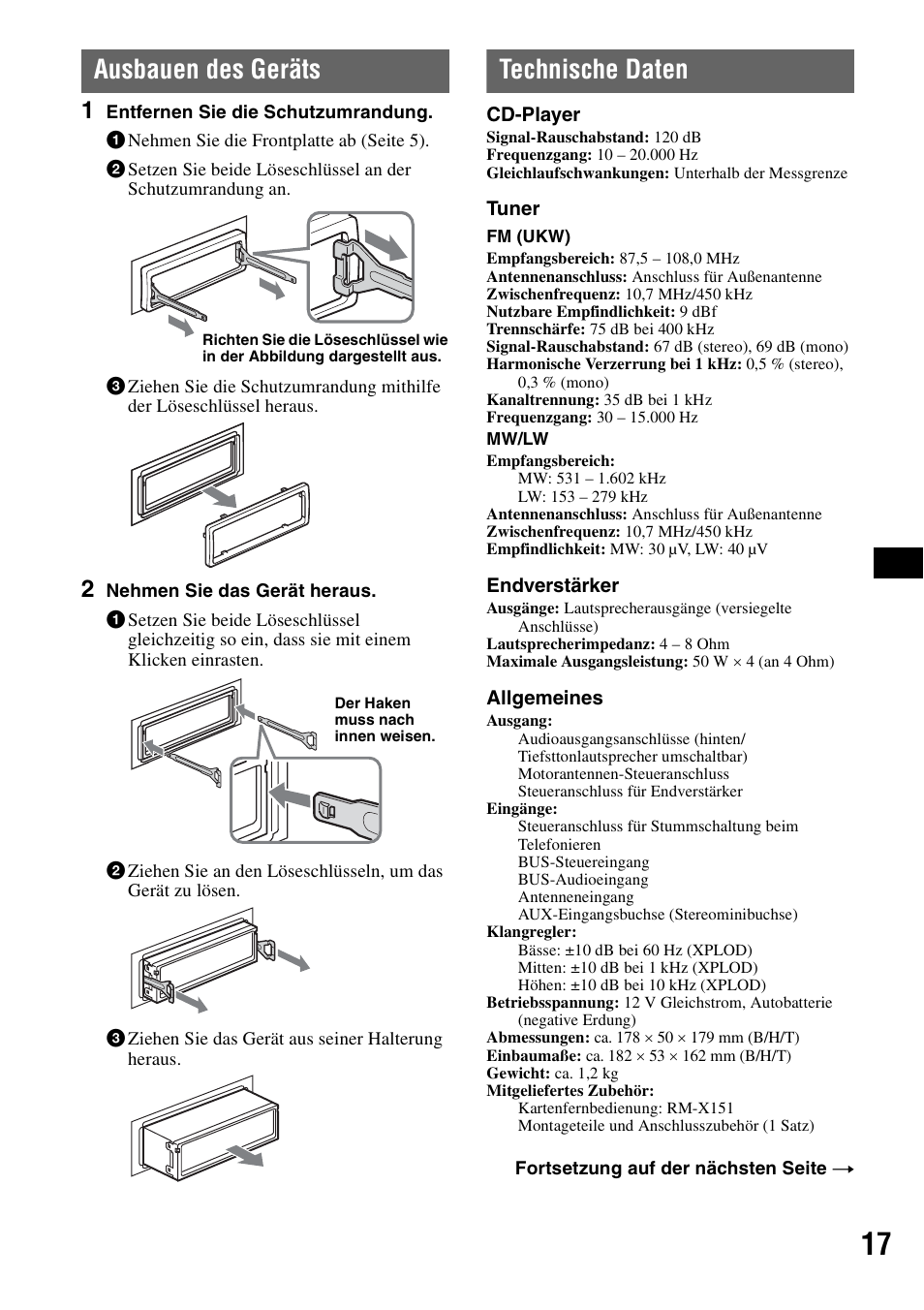 Ausbauen des geräts, Technische daten, Ausbauen des geräts technische daten | Sony CDX-GT310 User Manual | Page 35 / 96