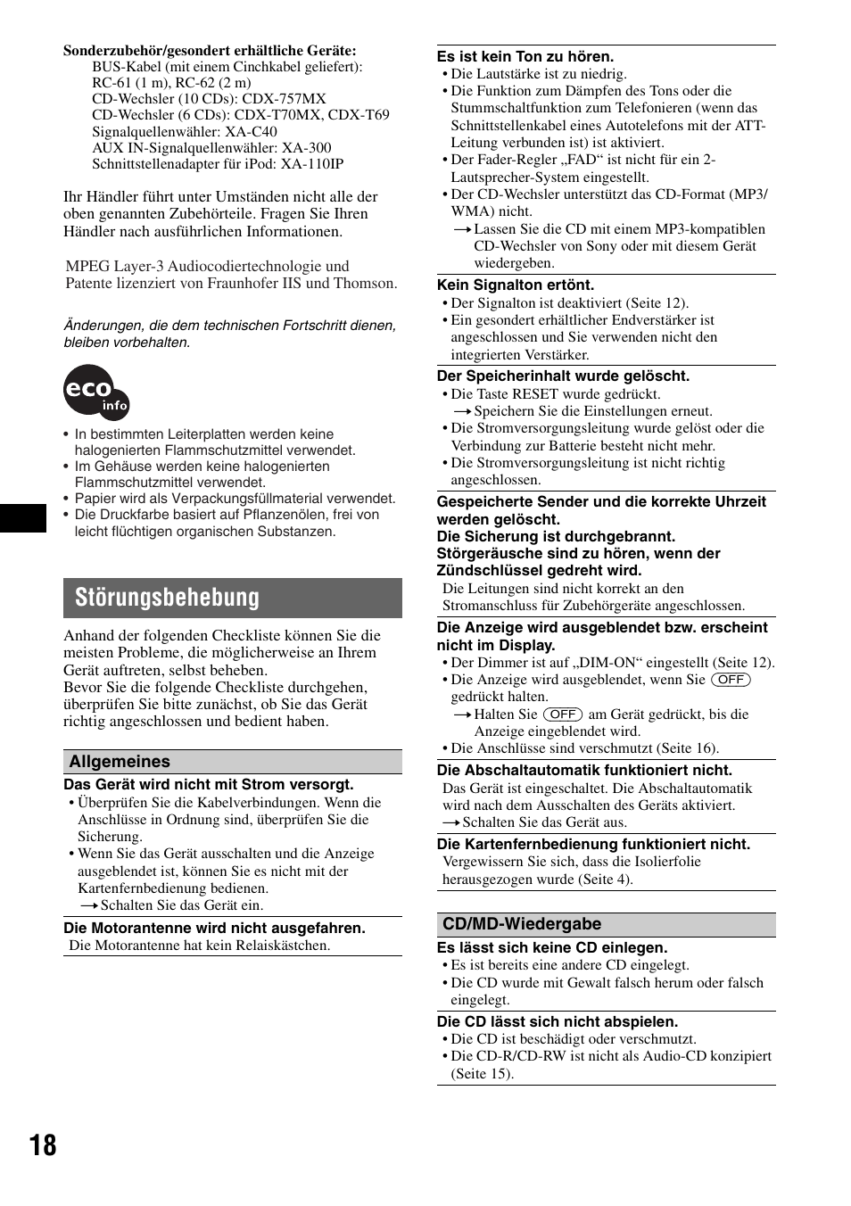 Störungsbehebung | Sony CDX-GT310 User Manual | Page 36 / 96