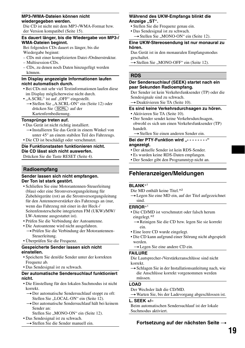 Fehleranzeigen/meldungen | Sony CDX-GT310 User Manual | Page 37 / 96