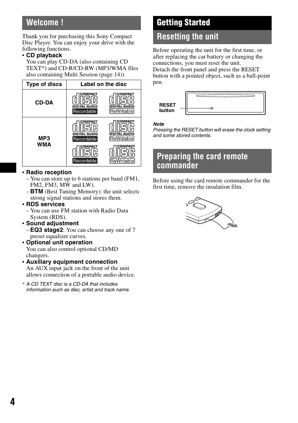 Welcome, Getting started, Resetting the unit | Preparing the card remote commander, Getting started resetting the unit | Sony CDX-GT310 User Manual | Page 4 / 96