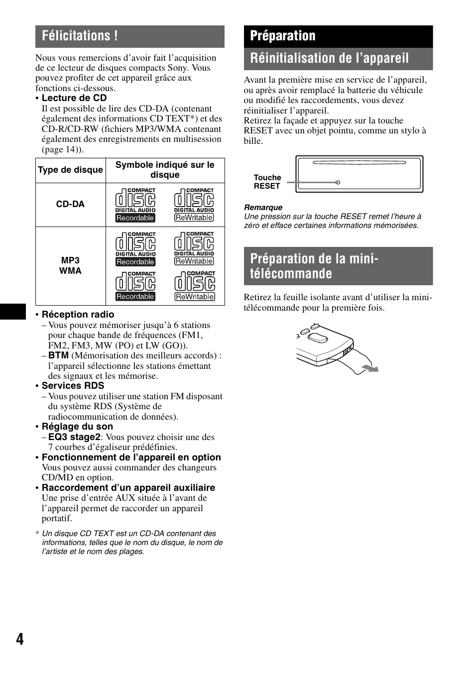 Félicitations, Préparation, Réinitialisation de l’appareil | Préparation de la mini- télécommande, Préparation réinitialisation de l’appareil | Sony CDX-GT310 User Manual | Page 42 / 96