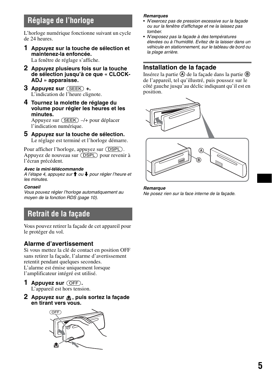 Réglage de l’horloge, Retrait de la façade, Installation de la façade | Réglage de l’horloge retrait de la façade | Sony CDX-GT310 User Manual | Page 43 / 96