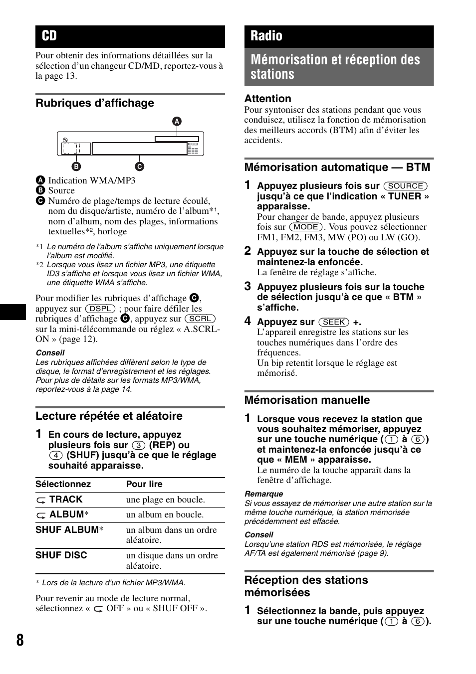 Rubriques d’affichage, Lecture répétée et aléatoire, Radio | Mémorisation et réception des stations, Mémorisation automatique - btm, Mémorisation manuelle, Réception des stations mémorisées, Rubriques d’affichage lecture répétée et aléatoire, Ep 8, Huf 8 | Sony CDX-GT310 User Manual | Page 46 / 96