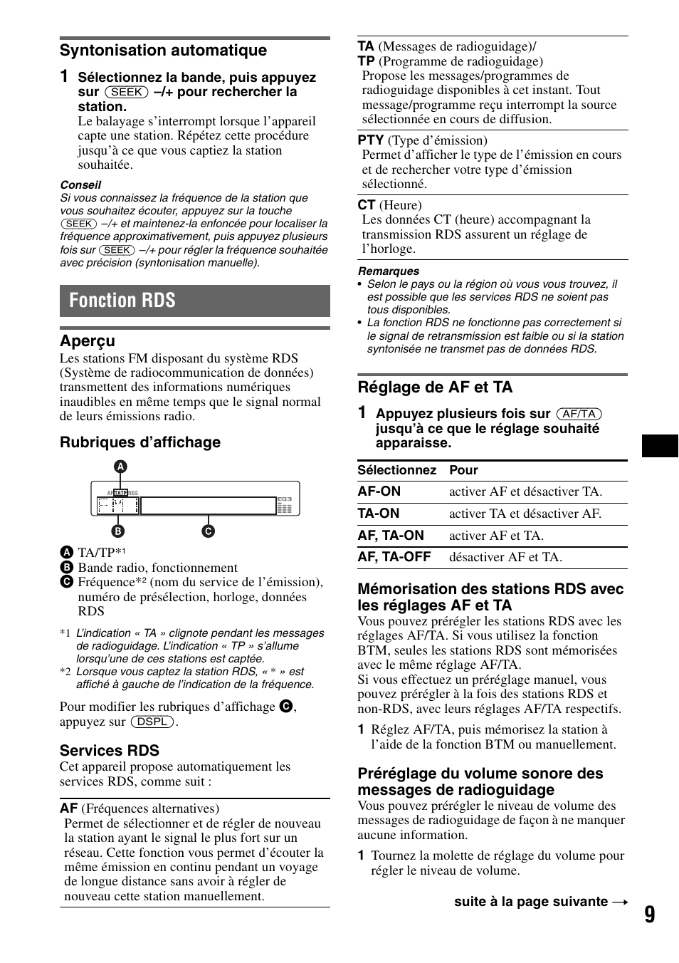 Syntonisation automatique, Fonction rds, Aperçu | Réglage de af et ta, Aperçu réglage de af et ta | Sony CDX-GT310 User Manual | Page 47 / 96