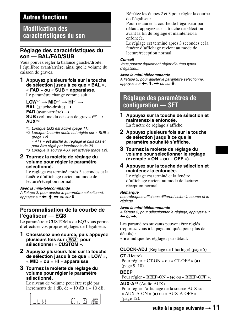 Autres fonctions, Modification des caractéristiques du son, Réglage des caractéristiques du son - bal/fad/sub | Personnalisation de la courbe de l’égaliseur - eq3, Réglage des paramètres de configuration - set, Réglage des caractéristiques du son, Réglage des paramètres de configuration, Réglage des paramètres de configuration — set, Réglage des caractéristiques du son — bal/fad/sub, Personnalisation de la courbe de l’égaliseur — eq3 | Sony CDX-GT310 User Manual | Page 49 / 96