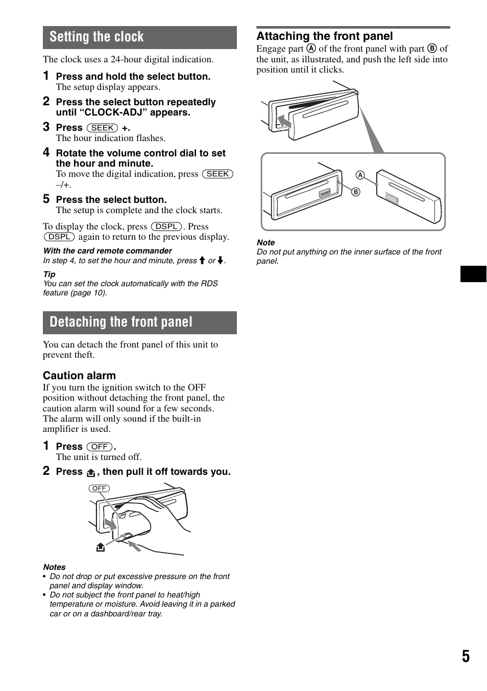 Setting the clock, Detaching the front panel, Attaching the front panel | Setting the clock detaching the front panel | Sony CDX-GT310 User Manual | Page 5 / 96