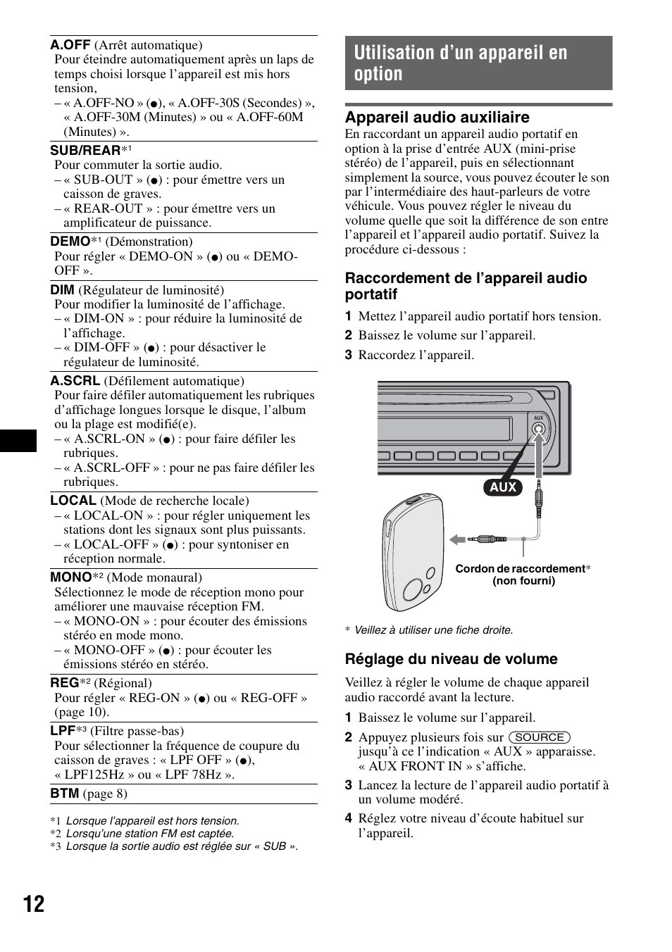 Utilisation d’un appareil en option, Appareil audio auxiliaire, X 12 | Sony CDX-GT310 User Manual | Page 50 / 96