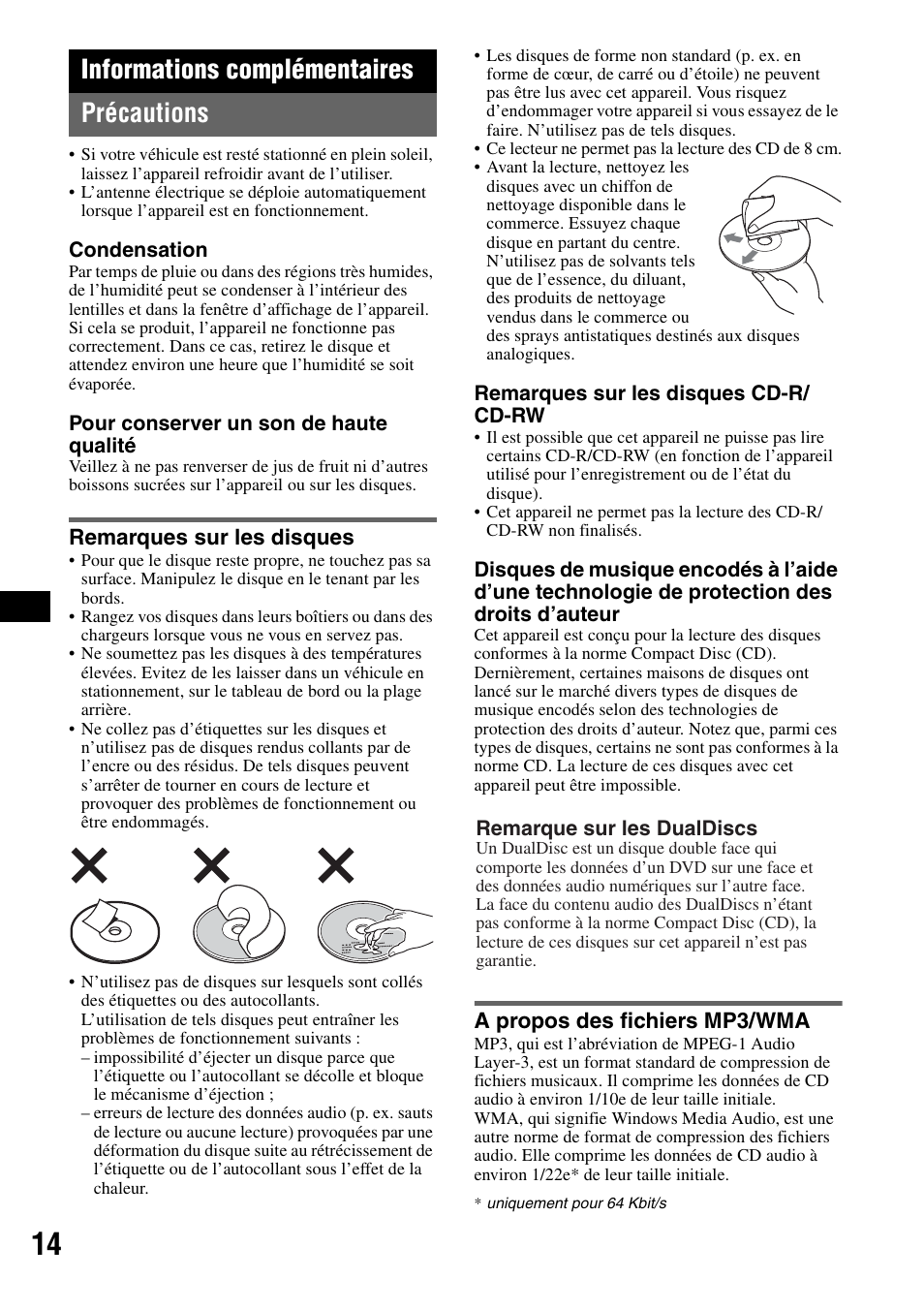 Informations complémentaires, Précautions, Remarques sur les disques | A propos des fichiers mp3/wma, Informations complémentaires précautions | Sony CDX-GT310 User Manual | Page 52 / 96