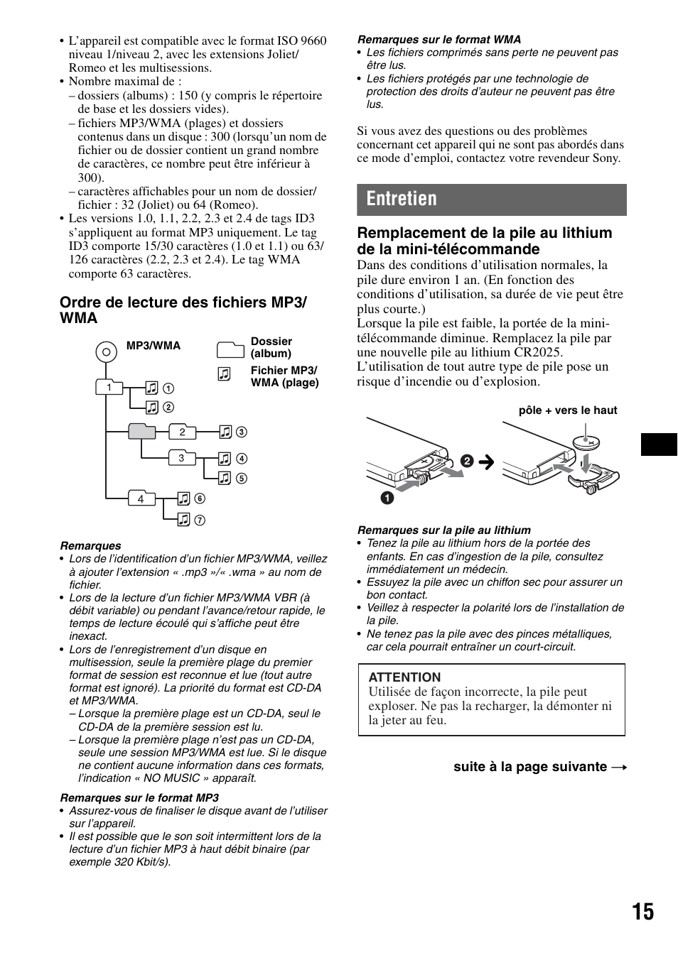 Entretien, Ordre de lecture des fichiers mp3/ wma | Sony CDX-GT310 User Manual | Page 53 / 96