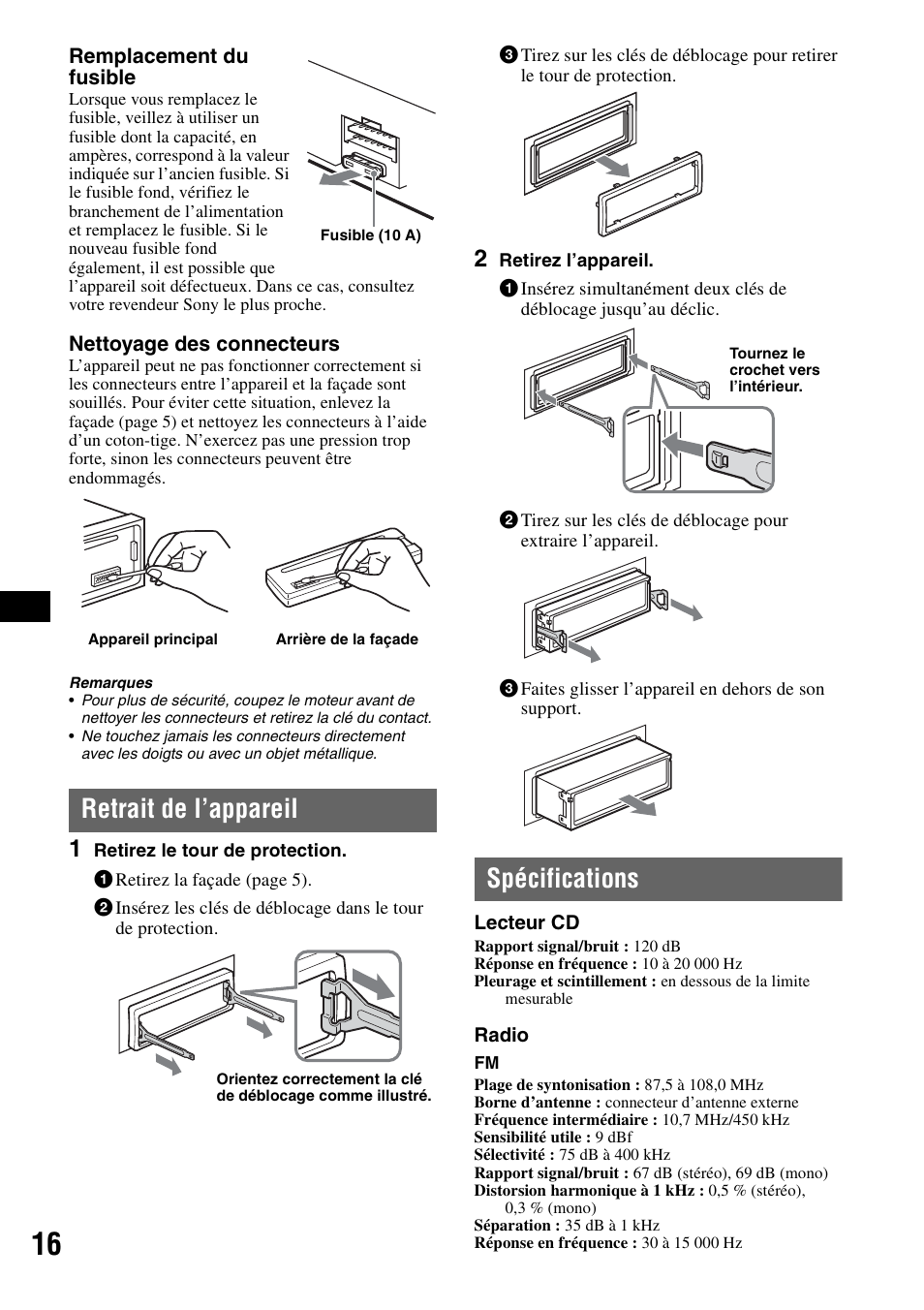 Retrait de l’appareil, Spécifications, Retrait de l’appareil spécifications | Sony CDX-GT310 User Manual | Page 54 / 96