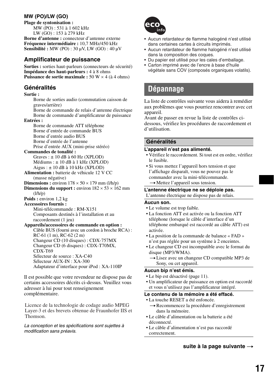 Dépannage | Sony CDX-GT310 User Manual | Page 55 / 96